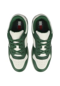 Zapatillas verdes y blancas con parte superior de cuero suave, lengüeta de malla texturizada, caja de dedos perforada y cordones planos. Presentan una plantilla con la marca.