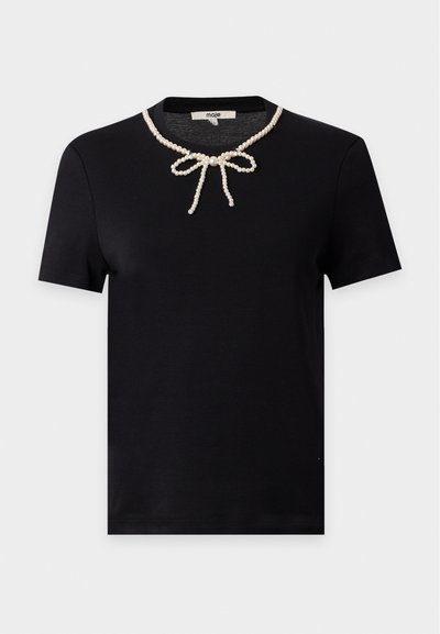 T-shirt noir à manches courtes avec encolure ronde présentant un motif décoratif de collier de perles noué en un nœud à l'avant.