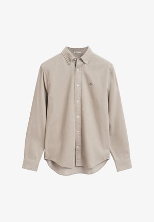 Beige lange mouw button-up corduroy shirt met button-down kraag en klein geborduurd logo op de linkerborst.