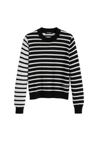 Schwarz-weißer gestreifter Pullover mit rundem Halsausschnitt, gerippten Bündchen und Saum. Auf der unteren Seite ist der Markenname gestickt.
