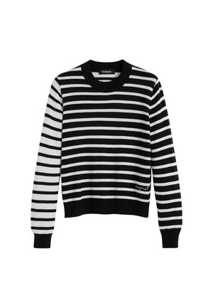 Sort-hvid stribet sweater med rund halsudskæring, ribbede manchetter og kant. Har brandnavnet broderet på den nederste del.