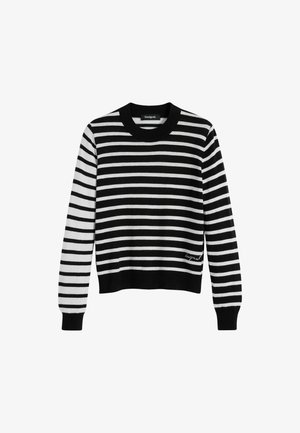Zwart-wit gestreepte trui met een ronde hals, geribbelde manchetten en zoom. Dit artikel heeft de merknaam geborduurd aan de onderzijde.