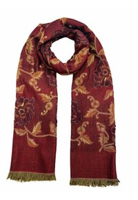 Écharpe bordeaux avec broderie florale jaune, extrémités frangées et design de tissu texturé. Sa longueur permet des options de style polyvalentes.