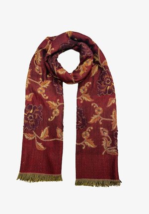 Écharpe bordeaux avec broderie florale jaune, extrémités frangées et design de tissu texturé. Sa longueur permet des options de style polyvalentes.