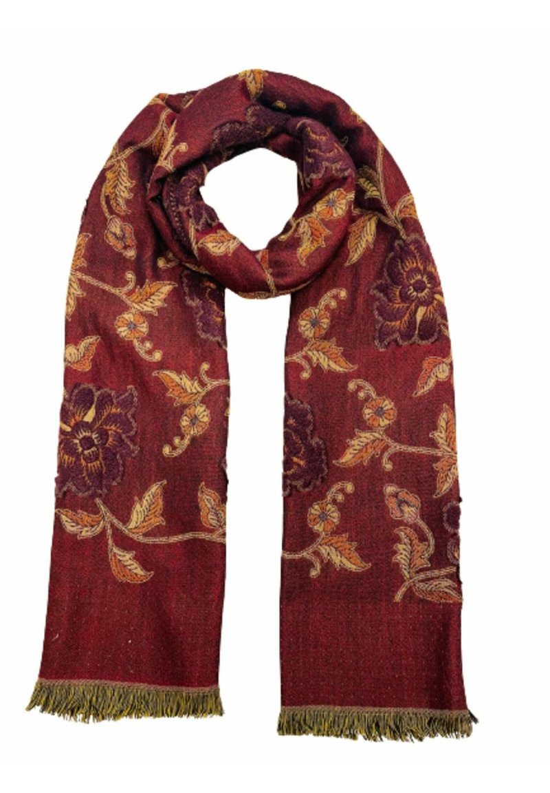 Écharpe bordeaux avec broderie florale jaune, extrémités frangées et design de tissu texturé. Sa longueur permet des options de style polyvalentes.