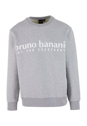 Pelēks džemperis, izgatavots no mīksta kokvilnas maisījuma, ar apaļu kakla izgriezumu, garām piedurknēm un baltiem uzrakstiem priekšpusē.