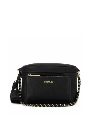 Schwarze Lederschultertasche mit Frontreißverschlusstasche und goldener Kettenriemen, mit goldenem Markenlogo "Mexx" auf der Fronttasche.