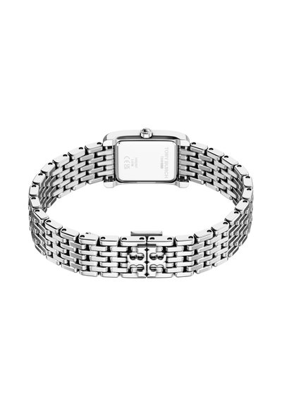 Armbanduhr aus silberfarbenem Metall mit quadratischem Zifferblatt, einem Gliederarmbanddesign, polierter Oberfläche und einem Logodetail auf der Rückseite.