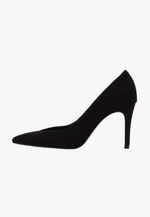 Escarpin noir à talon haut avec bout pointu, dessus en tissu lisse, silhouette élégante et talon aigu. Aucun accent ni élément métallique visible.