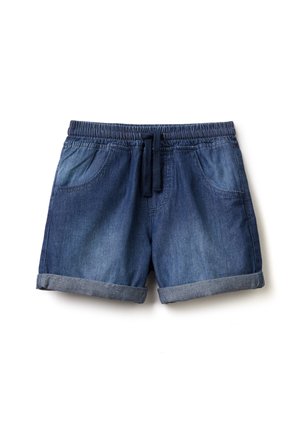 Shorts bleu denim avec taille élastique, cordon à l'avant, revers roulés et poches latérales, présenté sur fond blanc.