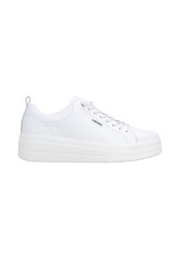 Weißer Sneaker aus Leder mit niedrigem Schaft, dicker Plateausohle, Schnürung vorne und Zuglasche an der Ferse, im rechten Seitenprofil gezeigt.
