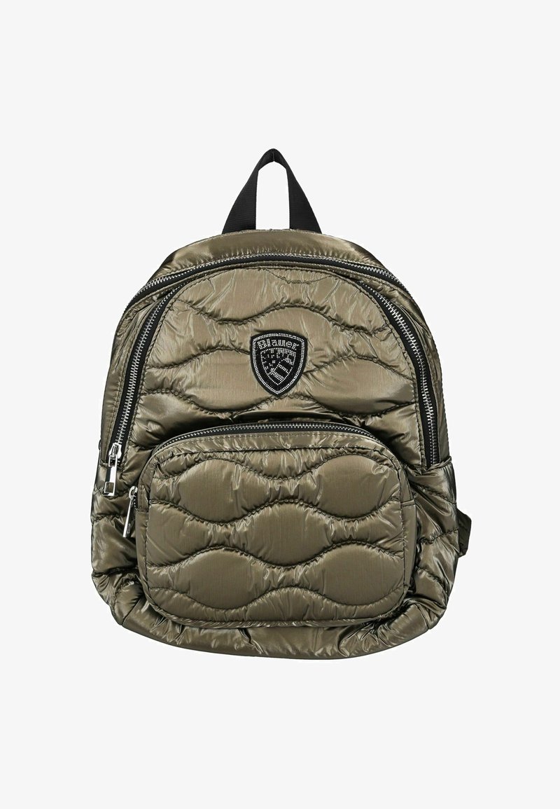 Zaino imbottito verde oliva con finitura testurizzata, dotato di tasca frontale con zip e patch del logo, equipaggiato con doppie cerniere e spallacci regolabili.