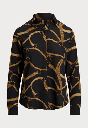 Black blouse featuring a gold chain pattern, long sleeves, a collar, and button closure. Smooth fabric with an elegant design.