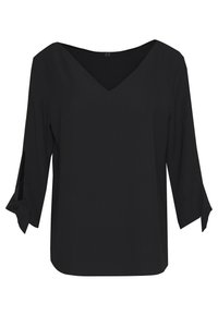 Blusa negra con escote en V, mangas tres cuartos con detalles de lazo, textura suave y ajuste holgado que ofrece una silueta relajada.