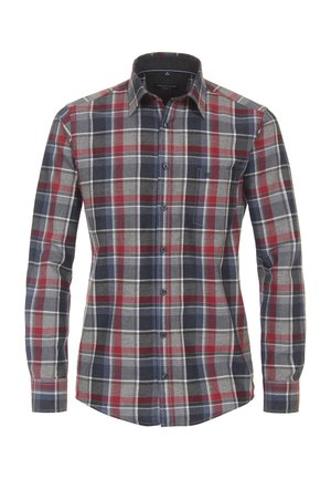 Red, blue, and gray plaid long-sleeve shirt with a button-down collar and a patch pocket on the left chest.  Cotton material, smooth texture.