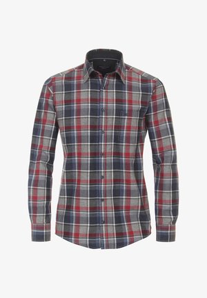 Langärmliges Hemd in Rot, Blau und Grau mit kariertem Muster, Button-Down-Kragen und einer Brusttasche auf der linken Seite. Aus Baumwollmaterial mit glatter Textur.