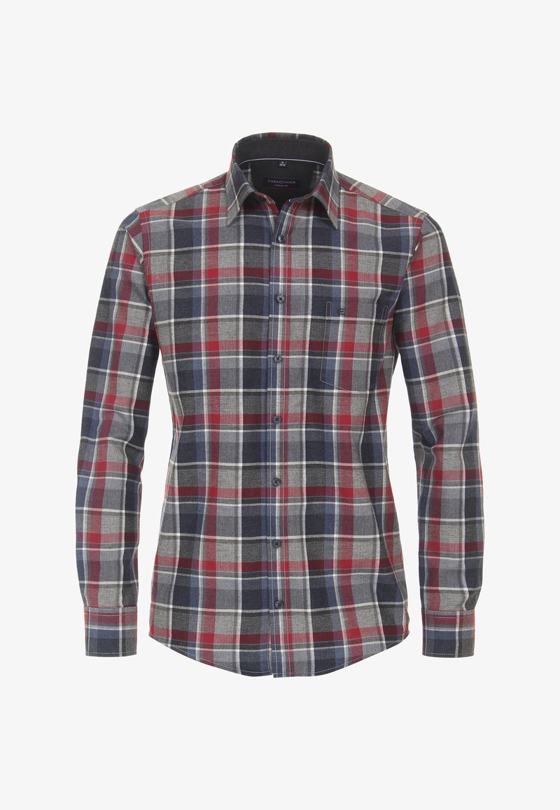 Langärmliges Hemd in Rot, Blau und Grau mit kariertem Muster, Button-Down-Kragen und einer Brusttasche auf der linken Seite. Aus Baumwollmaterial mit glatter Textur.