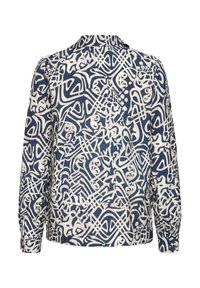 Chemise bleu marine avec un motif abstrait blanc. Elle possède des manches longues, un col et des boutons aux poignets. Confectionnée dans un tissu texturé.