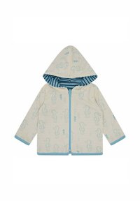 Giacca con cappuccio in cotone crema chiaro, con un motivo di cavallucci marini blu e foderatura a righe blu. Chiusura frontale con zip e maniche con polsino.