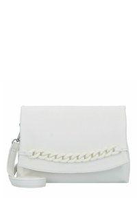 Weiße synthetische Handtasche mit flachem Design, die ein auffälliges gewobenes Kettenakzent und einen abnehmbaren Tragegurt aufweist. Glatte Textur, minimales Zubehör.