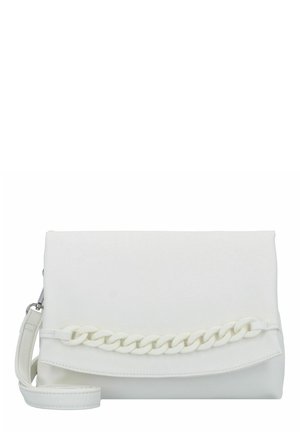 Sac à main synthétique blanc au design plat, avec un accent de chaîne tissée en évidence et une bandoulière amovible. Texture lisse, quincaillerie minimale.
