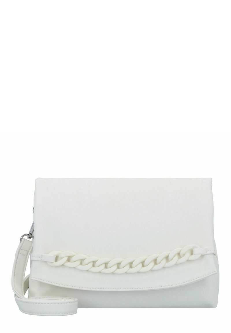 Weiße synthetische Handtasche mit flachem Design, die ein auffälliges gewobenes Kettenakzent und einen abnehmbaren Tragegurt aufweist. Glatte Textur, minimales Zubehör.