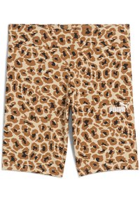 Pantaloni corti a fantasia leopardata in tonalità di beige, marrone e nero, realizzati in un tessuto liscio e con logo PUMA bianco sulla parte anteriore.