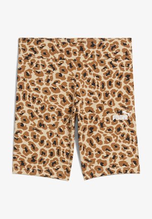 Leopardenmuster-Shorts in Beige-, Braun- und Schwarztönen, mit glattem Stoff und PUMA-Logo in Weiß auf der Vorderseite.