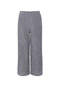 Grå vida byxor med ett texturerat, vertikalt randmönster och elastisk midja. Tillverkade av ett mjukt, lätt tyg.