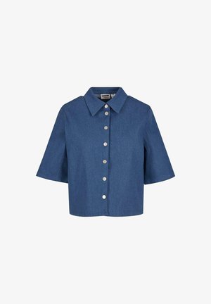 Denim jakna kratkih rukava u tamnoplavoj boji. Ima oštar ovratnik i središnju liniju od šest srebrnih dugmadi. Ležerna, kutijasta kroja.