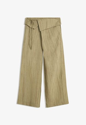 Beige hlače širokih nogavic z teksturirano tkanino in visokim pasom ter širokim manšetom in tankim pasom.