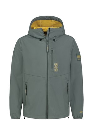 Grijze hoodie met gele fleece voering, voorzakken met rits en 'Urban Edition' branding op de borst en mouw. Gladde textuur van de stof.