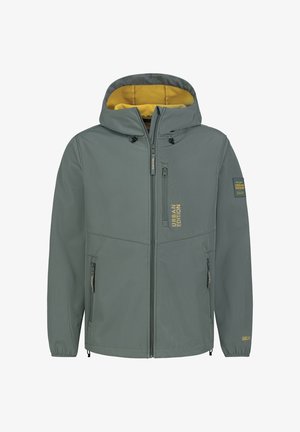 Grijze hoodie met gele fleece voering, voorzakken met rits en 'Urban Edition' branding op de borst en mouw. Gladde textuur van de stof.