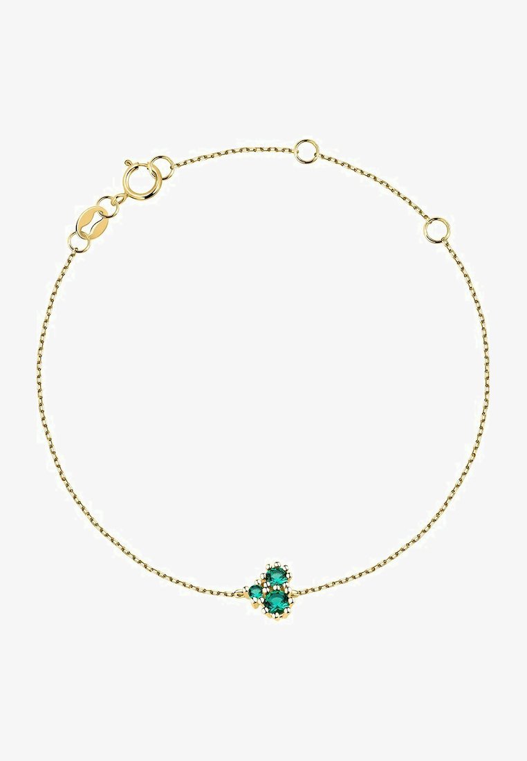 Gouden kettingarmband met drie groene edelstenen in een cluster setting. Fijn ontwerp met een karabijnhaak sluiting.