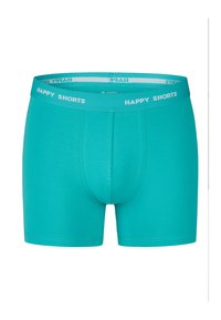 Türkise Herren-Boxershorts mit engansem Schnitt, ausgestattet mit einem weichen Bund, der mit "HAPPY SHORTS" beschriftet ist. Weicher, dehnbarer Baumwollstoff.
