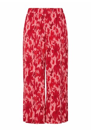 Pantalon à jambes larges avec taille élastique, avec un motif floral rouge et rose sur un tissu texturé.