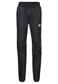 Zwarte waterdichte broek met een elastische tailleband, zijzakken en een logo op de linkerdij. Gladde textuur en taps toelopend ontwerp.