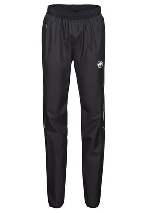 Black waterproof pants with an elastic waistband, side pockets, and a logo on the left thigh. Smooth texture and tapered design.