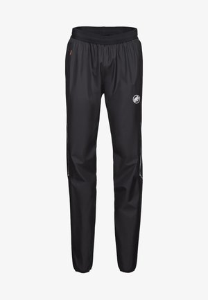 Pantaloni neri impermeabili con cintura elastica, tasche laterali e logo sulla coscia sinistra. Texture liscia e design svasato.