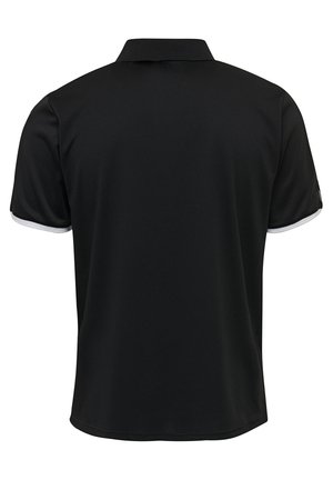 Schwarzes Poloshirt aus strukturiertem Material, mit kurzen Ärmeln und weißen Abschlüssen sowie einem klassischen Kragen. Glatte Oberflächengestaltung mit geradem Saum.