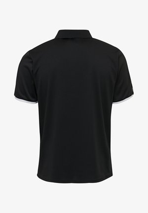 Schwarzes Poloshirt aus strukturiertem Material, mit kurzen Ärmeln und weißen Abschlüssen sowie einem klassischen Kragen. Glatte Oberflächengestaltung mit geradem Saum.