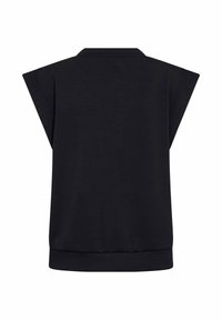 Zwart mouwloos topje met een hoge kraag, met een loose fit en zachte textuur. De zoom is elastisch voor comfort en stijl.