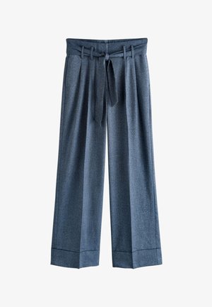 Pantalon gris taille haute à jambes larges avec plis, ourlets retournés et ceinture en tissu assorti nouée à la taille.