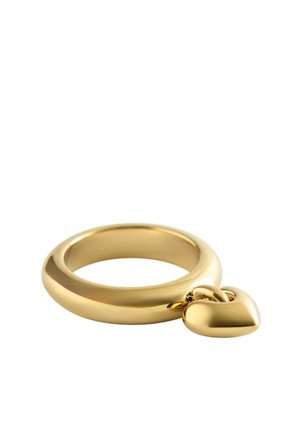 Guldring med en lille poleret hjerteformet vedhæng, vist på en hvid baggrund.