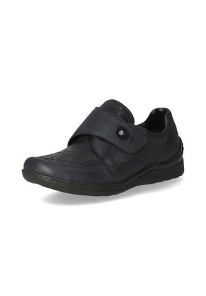 Dark blue leather shoe with a velcro strap, decorative embossing on the upper, rounded toe, and a black rubber sole.