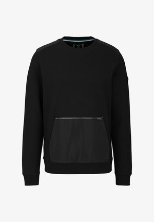 Sudadera negra de manga larga con cuello redondo y un gran bolsillo frontal con cremallera hecho de una tela diferente.