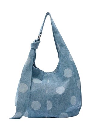 Kék farmer anyagú válltáska nagy, világoskék pöttyökkel és csomózott pántdísszel.