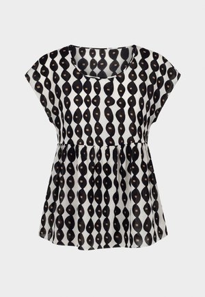Blůza s krátkými rukávy s černobílými vertikálními vlnitými pruhy a malými béžovými čtverečkovými vzory, s kulatým výstřihem a nařaseným pasem.