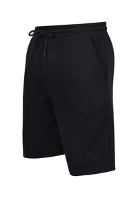Shorts negros de tela texturizada con cintura elástica, con cordón y bolsillos laterales.