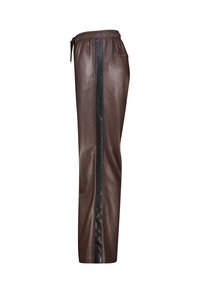 Pantalons en cuir marron avec une finition texturée, dotés d'une bande latérale noire, d'une taille élastique et d'un détail avec cordon de serrage.